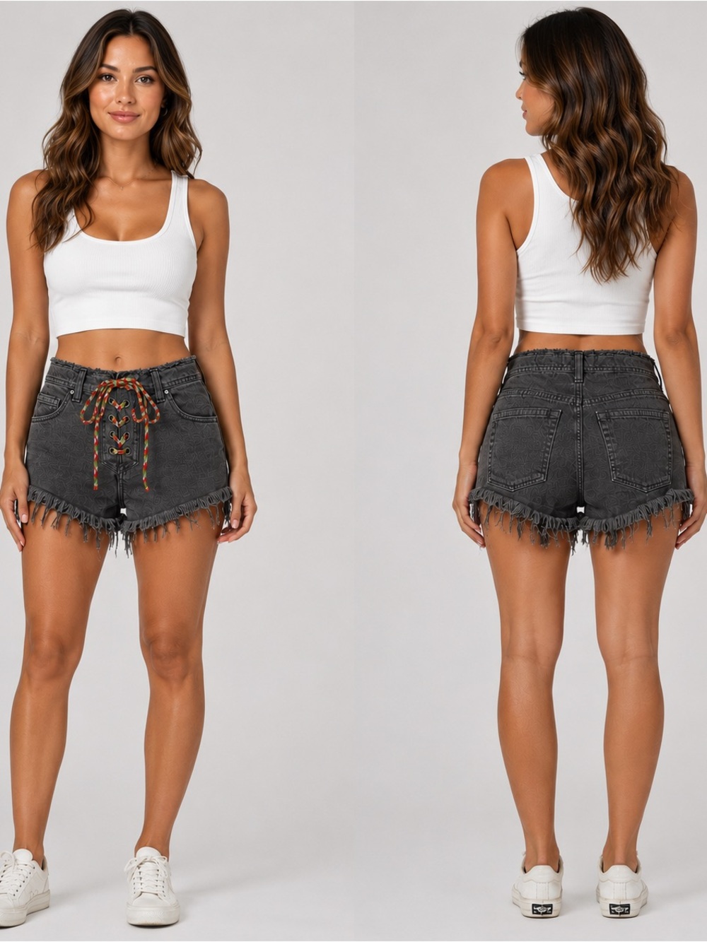 WE THE FREE PEOPLE | Charcoal Gray Tie Front Shorts Raw Hem Boho | Size 24 / 0